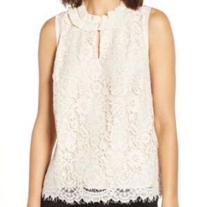 J. Crew Cream Lace Keyhole Ruffle Neck Sleeveless Blouse Size XS
